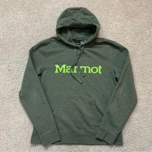Men's MARMOT Green CROC HEATHER Spell-Out HIKING Pullover SWEATSHIRT HOODIE  M